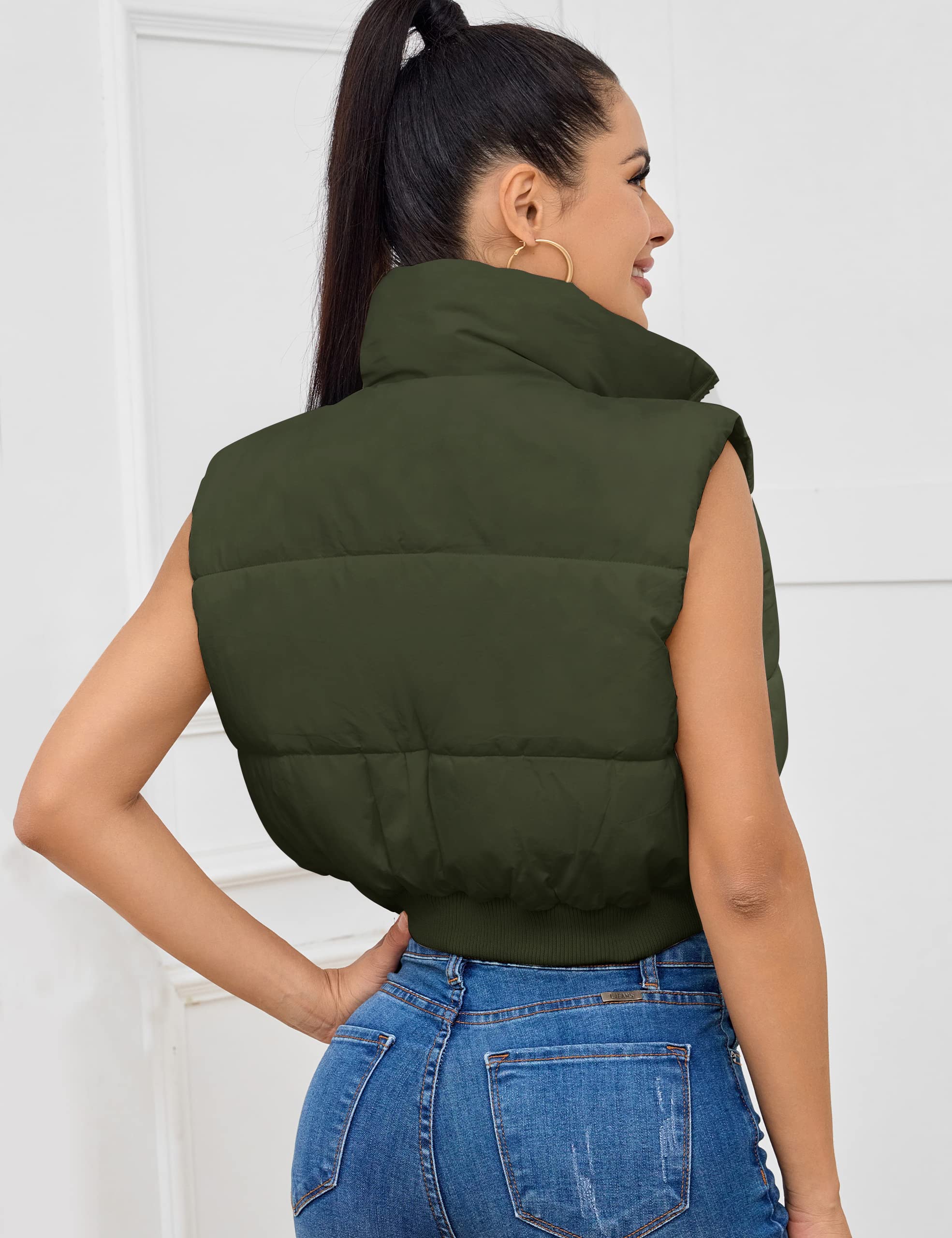 Kissonic Women's Padded Down Vest Puffer Stand Collar Zip Up Crop Sleeveless Jacket