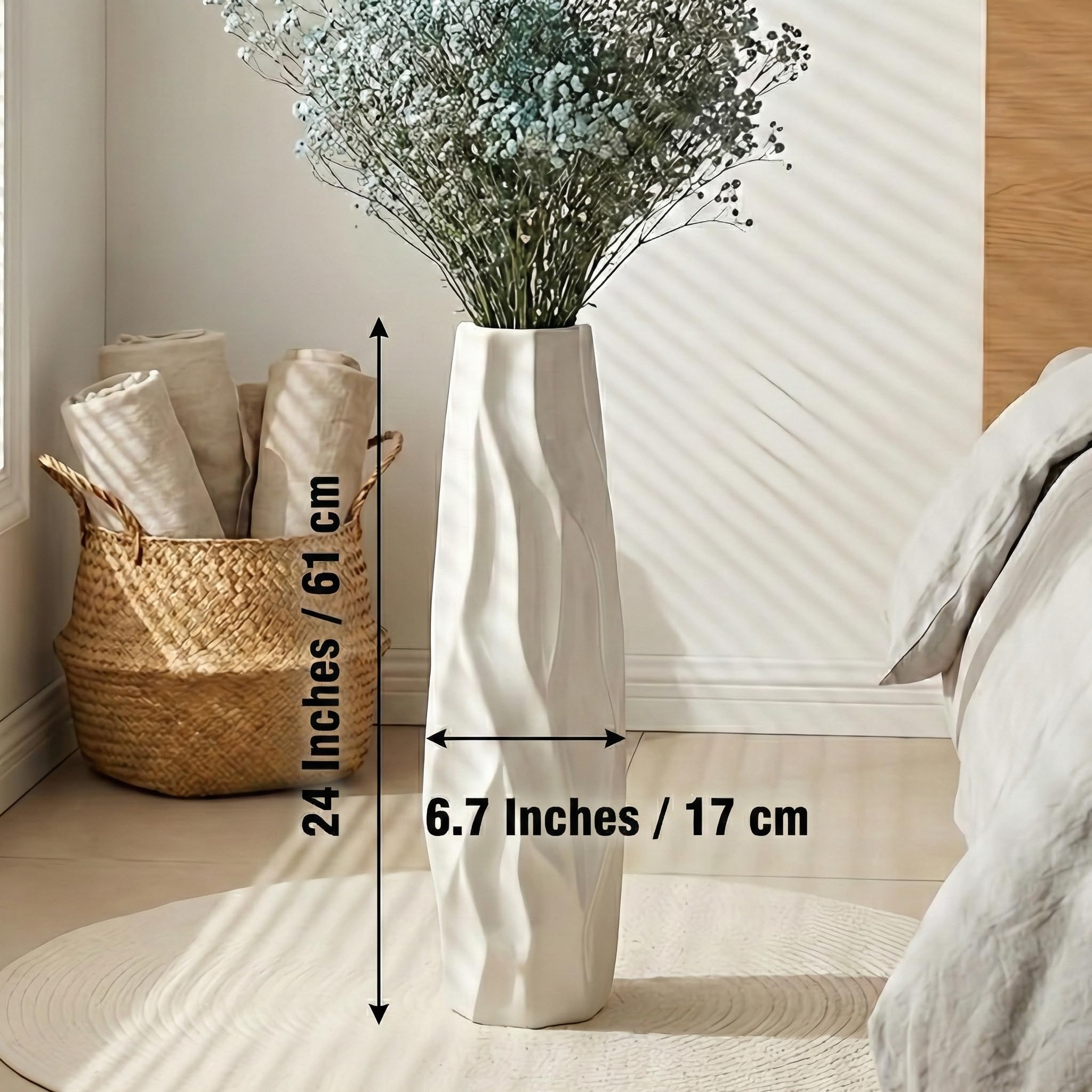 Jarrón grande de cerámica blanca de 60 cm para salón, oficina y dormitorio, elegante jarrón de flores para hierba de las Pampas