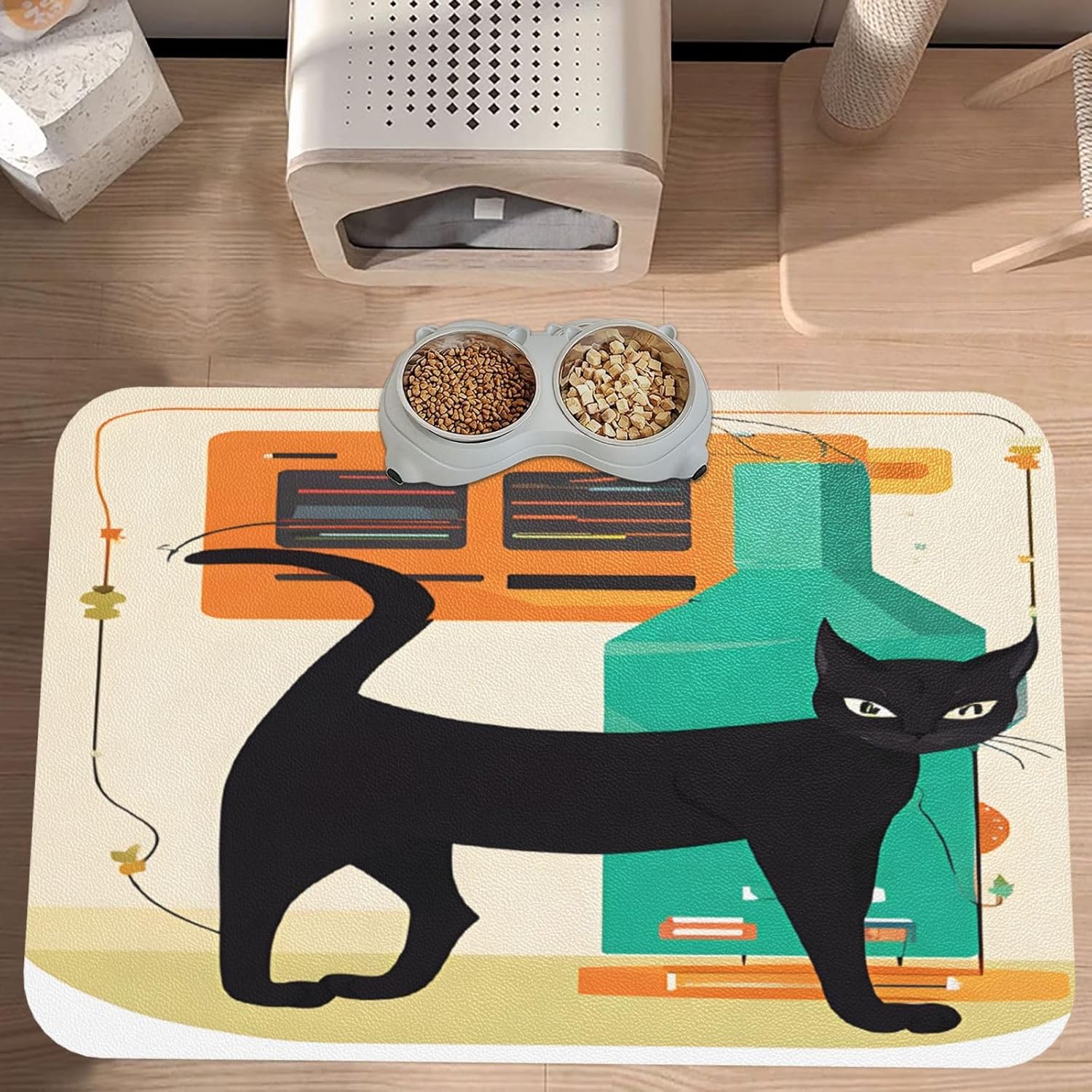 Dog Food Mat for Floors Absorbent, Cat Mat for Food and Water, Mid-Century Modern Art Cat, Non-Slip Leather Pet Feeding Mats, Waterproof Dog Cat Food Mats, Quick-Dry Diner Placemat for Bowls