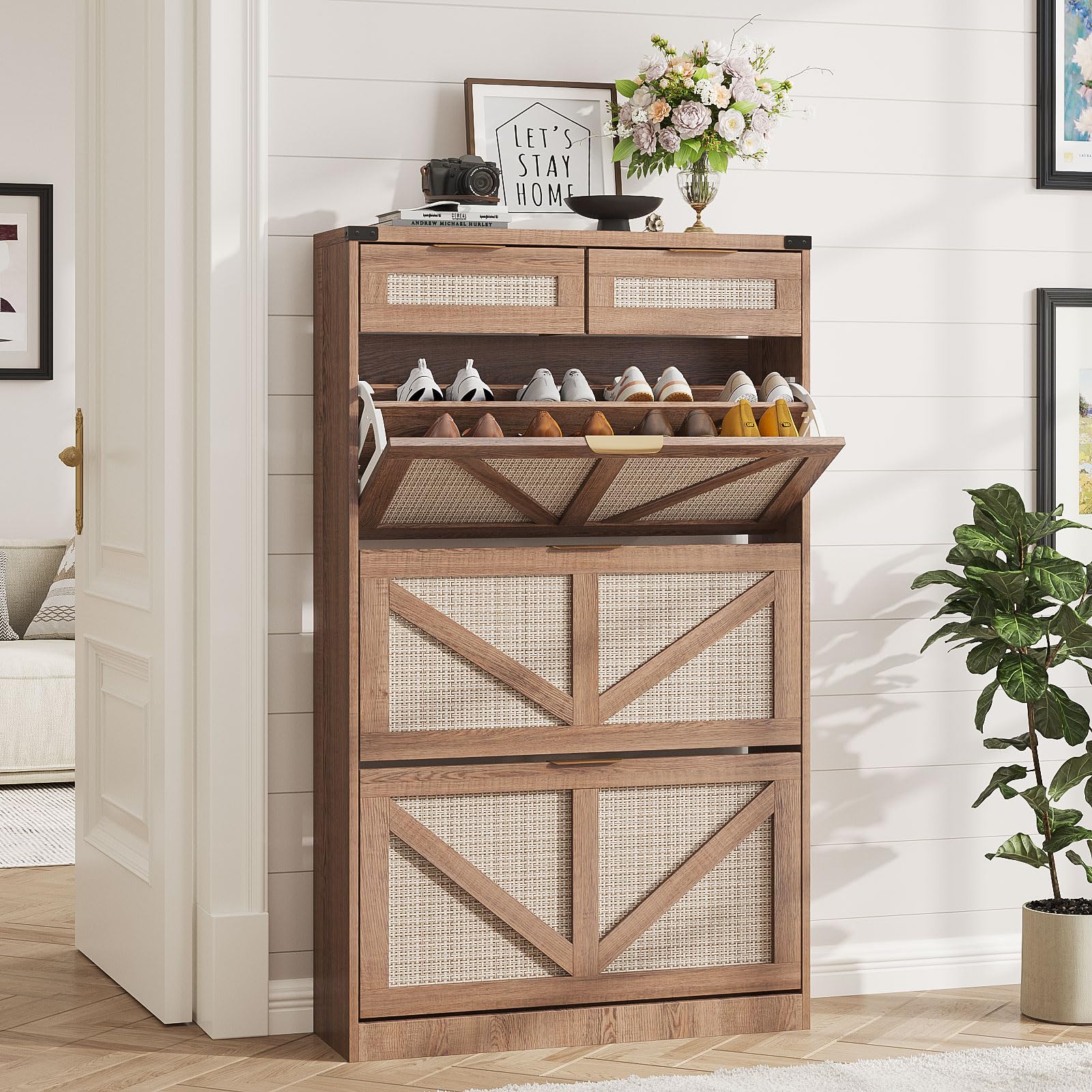 Halitaa Shoe Cabinet with 3 Flip Drawers & 2 Drawers,Freestanding Shoe Storage Cabinet for Entryway,Farmhouse Narrow Slim Organizer Rack for Foyer,