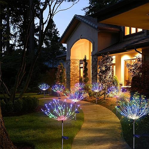 Miniatura 2 de Paquete de 4 luces solares de jardín al aire libre, impermeables, superbrillantes, 360 luces LED solares de fuegos artificiales, 2 modos de luces
