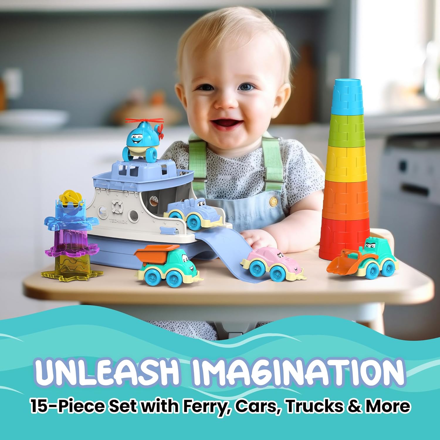 Ferry Fun & Friends – 15pcs & Baby Bath Toys with Ferry Boats, Cars for Bathtub, Trucks, Helicopter, Stacking Cups & Toy Animals, Toddler Bath Toys for 1 Year Old, Toddler Pool Boat Baby Toy