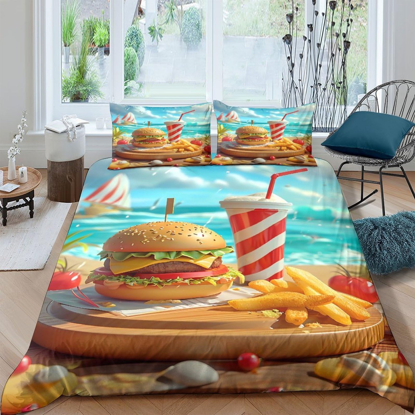 Ctjqhvkz Style-1 3D Printed Summer Beach Burger Fitted Sheet Microfiber Soft Drink Fries Bed Cover For Bedroom Guest Room Decor Single（135X200cm）