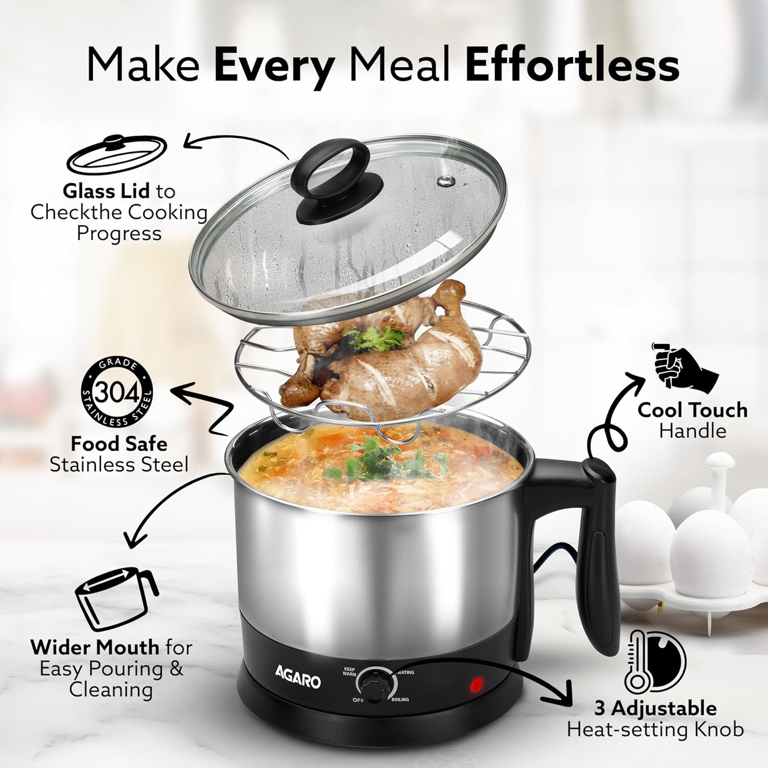 AGARO Esteem Electric Multi Kettle 1.2L, 600W, with Stainless Steel Body, Egg Rack, Grill Rack, 3 Heating Modes & Rapid Boil Technology, Boiling Water and milk, Tea, Coffee, Oats, Noodle, Soup 4 81tfl9d2T7L. SL1500