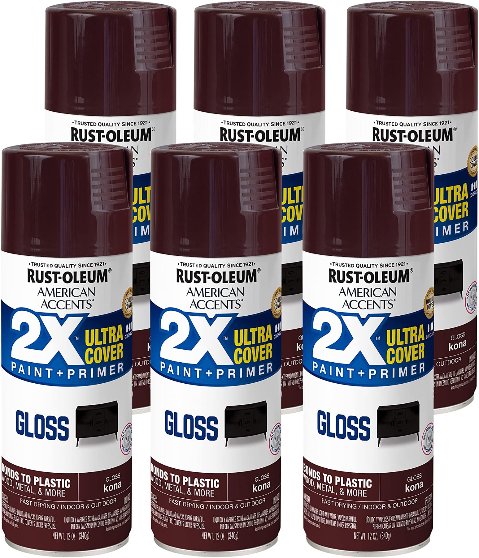 Rust-Oleum 327872-6PK American Accents Spray Paint, 12 oz, Gloss Kona Brown, 6 Pack