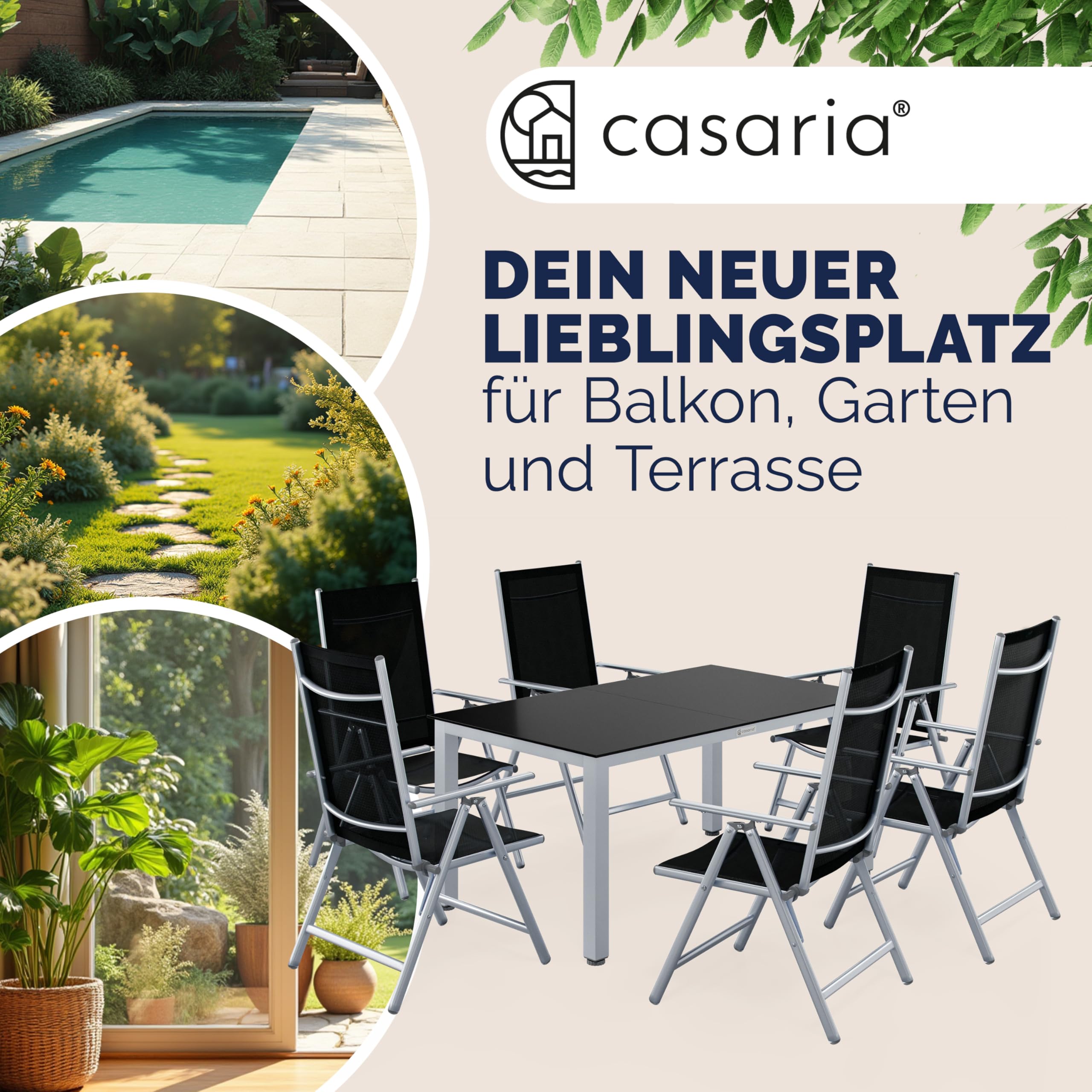 Casaria® Gartenmöbel Set 6 Stühle mit Tisch 150x90cm Aluminium Sicherheitsglas Wetterfest Klappbar Modern Terrasse Balkon Möbel Sitzgruppe Garnitur Bern