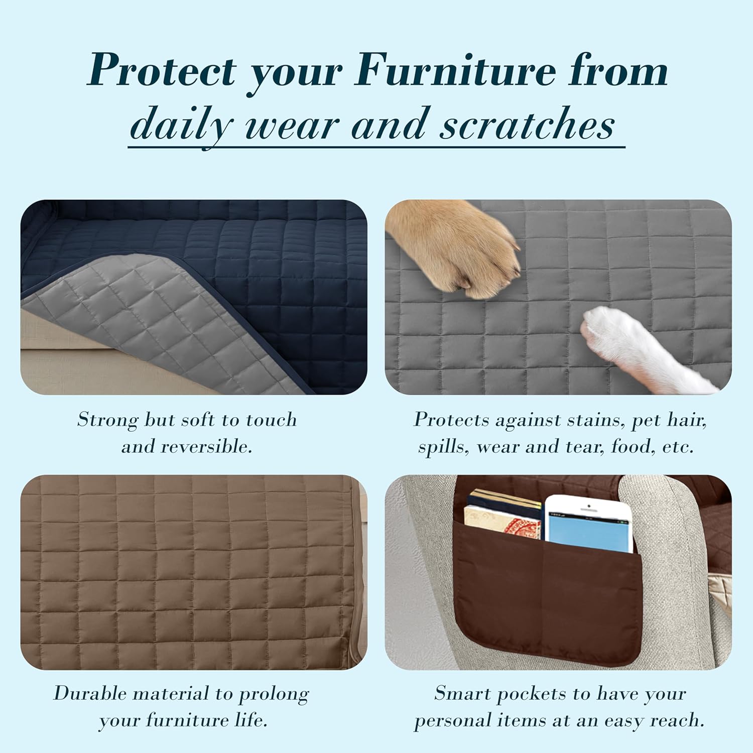 Mocassi Reversible Quilted Water Resistant Furniture Protector Slipcover with Elastic Straps and Storage Pockets - Washable Pet Friendly Sofa Cover for Dogs, Cats - Wing Chair, Black/Gray