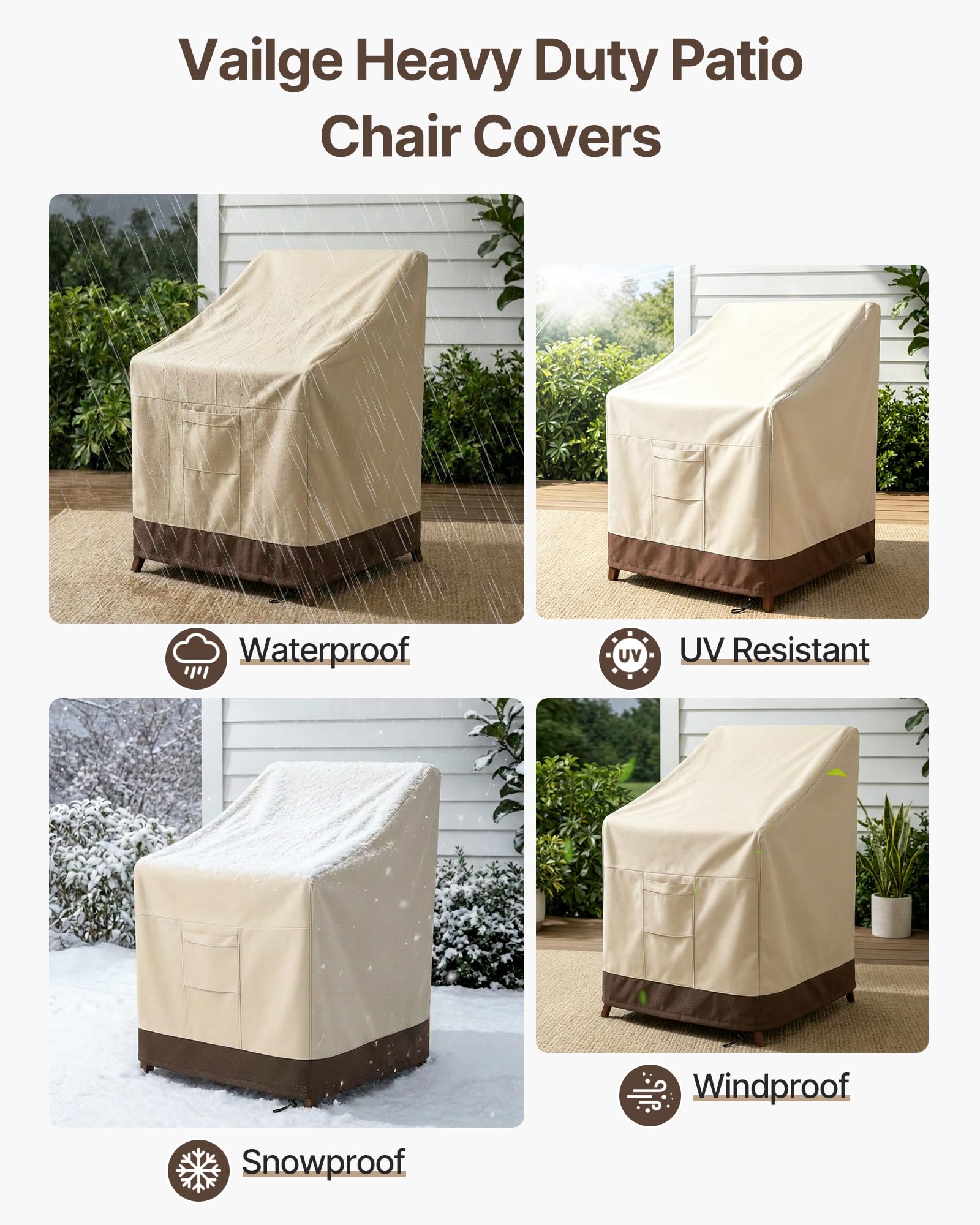 Vailge Coprisedia impilabile da patio, 100% impermeabile, resistente, per mobili da giardino, adatto per 4-6 sedie da pranzo impilabili, confezione da 2 pezzi, 91 x 71 x 119 cm, beige e marrone