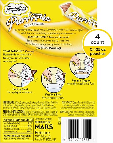 Miniatura 2 de Temptations Creamy Puree - Golosina húmeda exprimible para gatos con pollo, tubos de 0.42 onzas, 4 unidades