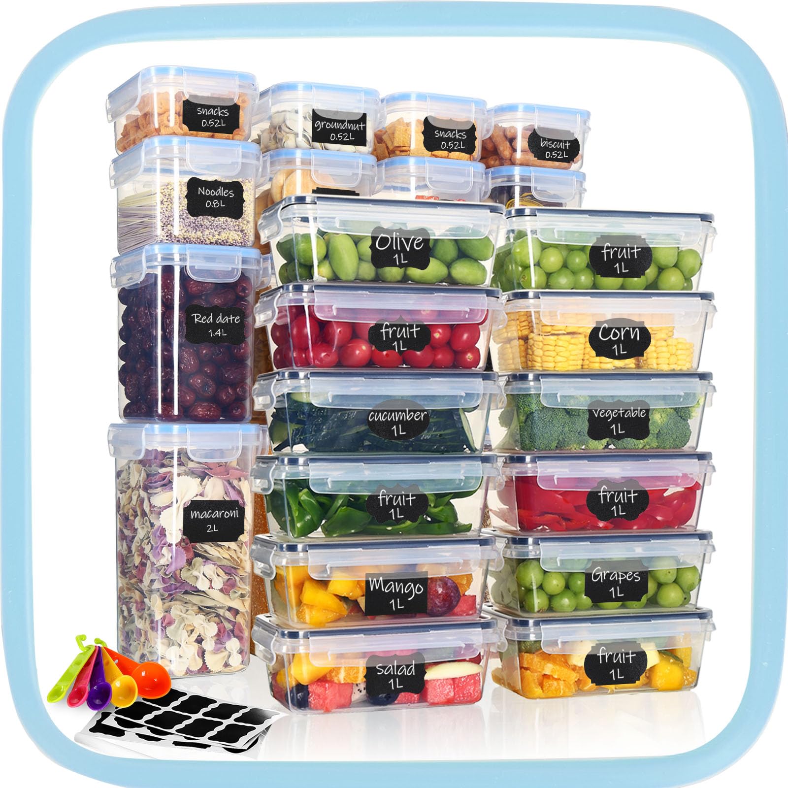 Hibisaws Set di 28 Contenitori per la Cucina, 12 x 1L & 4 x (2L + 1.4L + 0.8L + 0.52L), Contenitori Ermetici per Alimenti in Plastica, Senza BPA