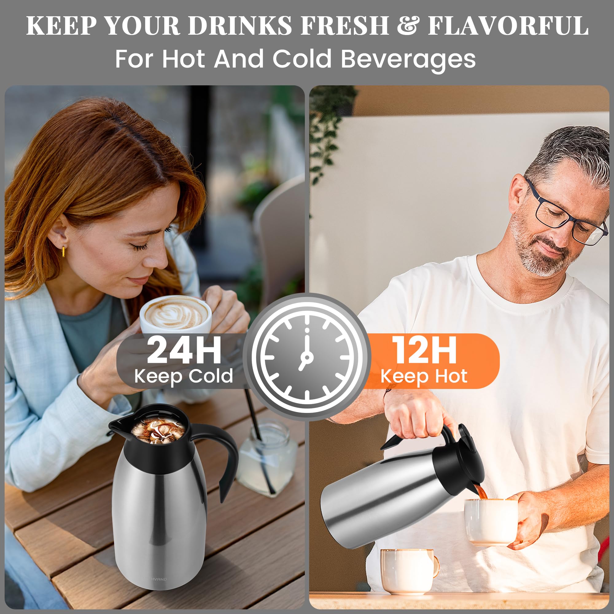 Jarra Térmica 2 Litros para Café, de Acero Inoxidable con Aislamiento al Vacío de Doble Pared, Jarra Grande para Té, Agua y Bebidas Calientes o Frías, Plata