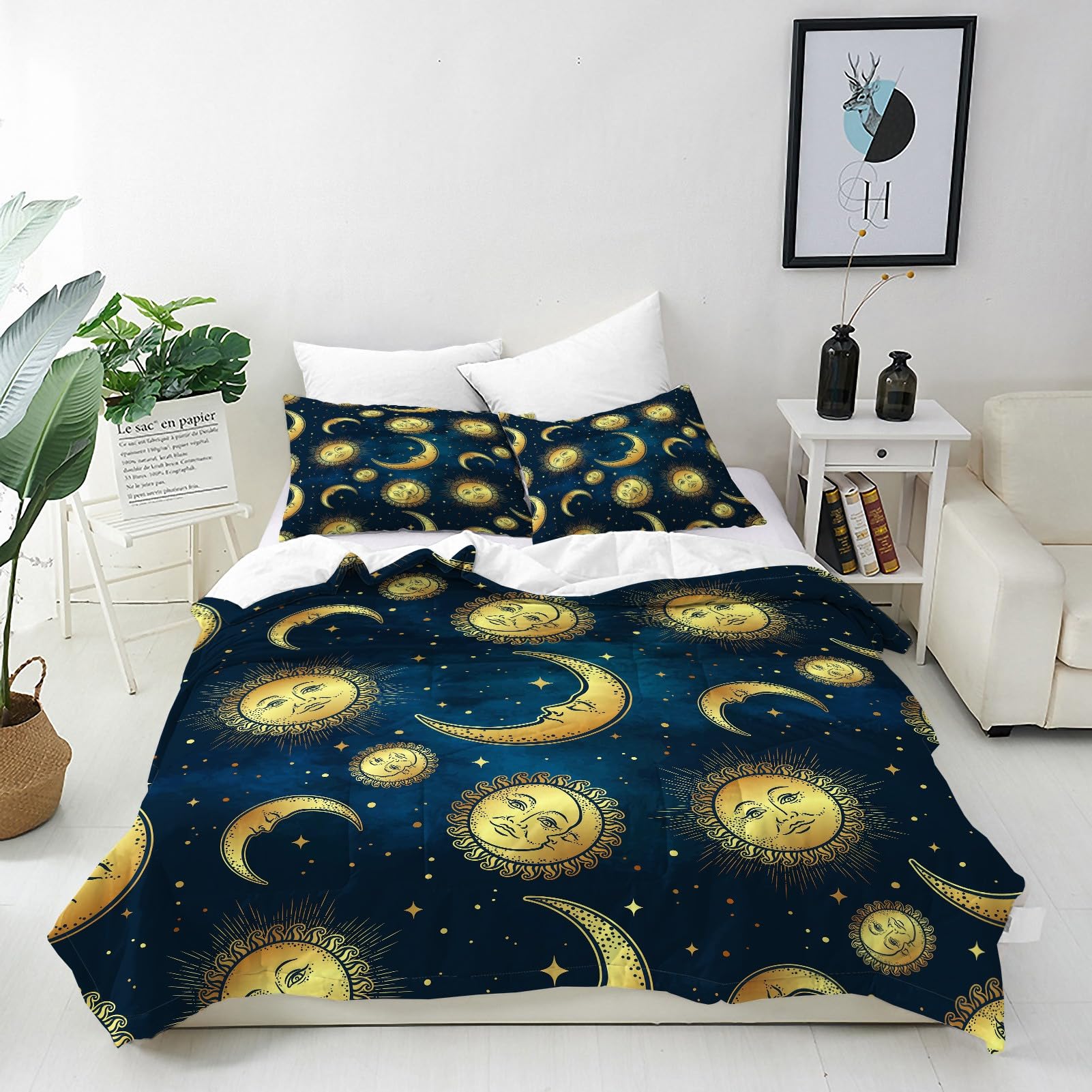 ANHOPE Boho Sun Moon Stars Duvet Cover Set Soft Lightweight 3 Piece Bedding Set including 2 Pillowcases Bohemian Style Print Pattern All Season Quilt Cover with Zipper Closure Single