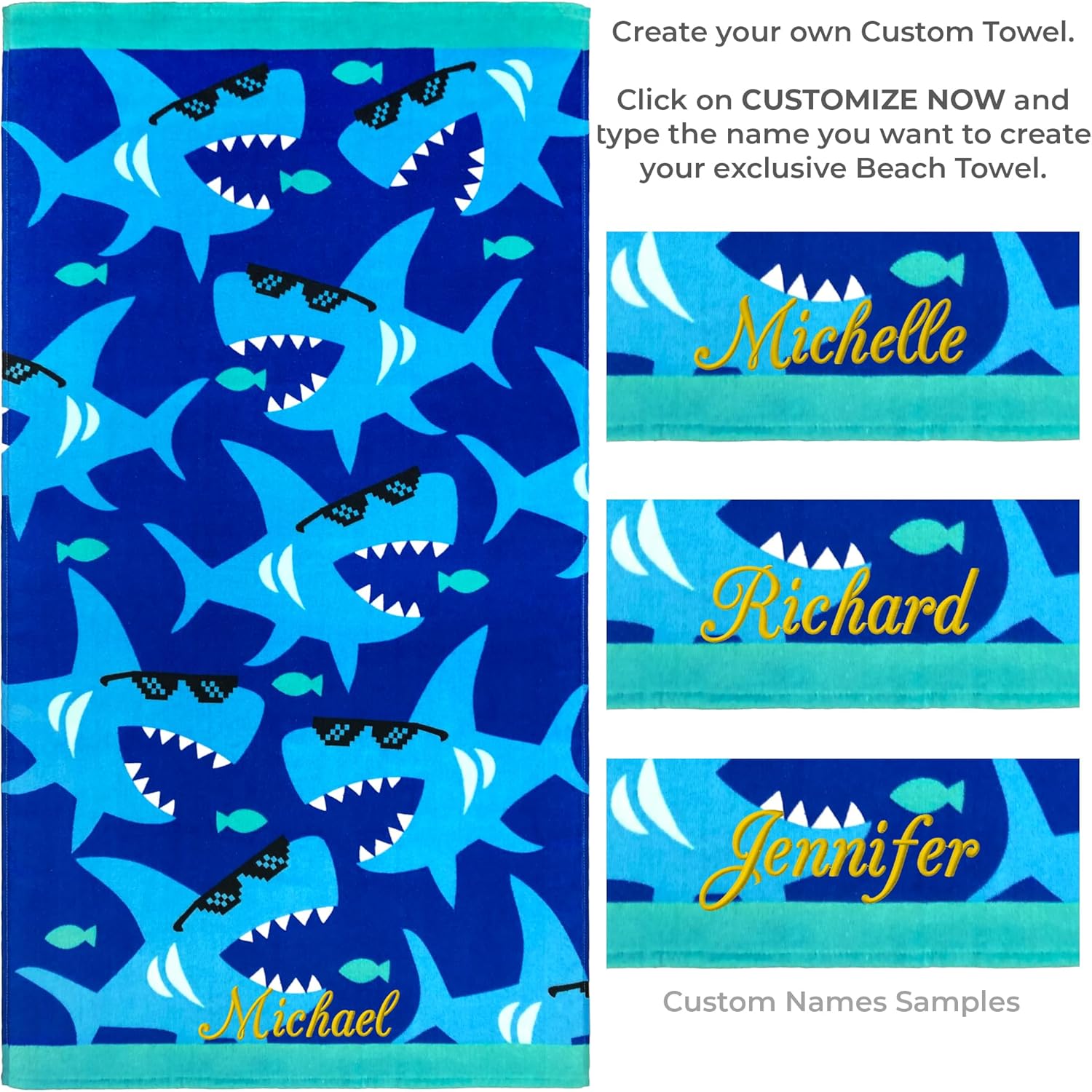 Beachland Personalized Sharks Beach Towel 30 x 60 inch 100% Cotton