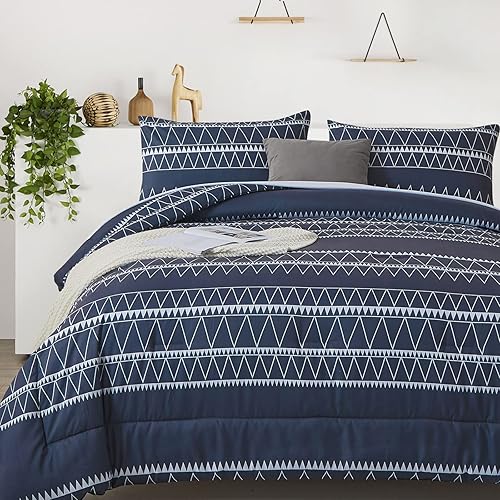 Juego de edredón azul marino, reversible, bohemio, con diseño de plumón triángulo alternativo para cama King, 3 piezas (1 edredón + 2 fundas de