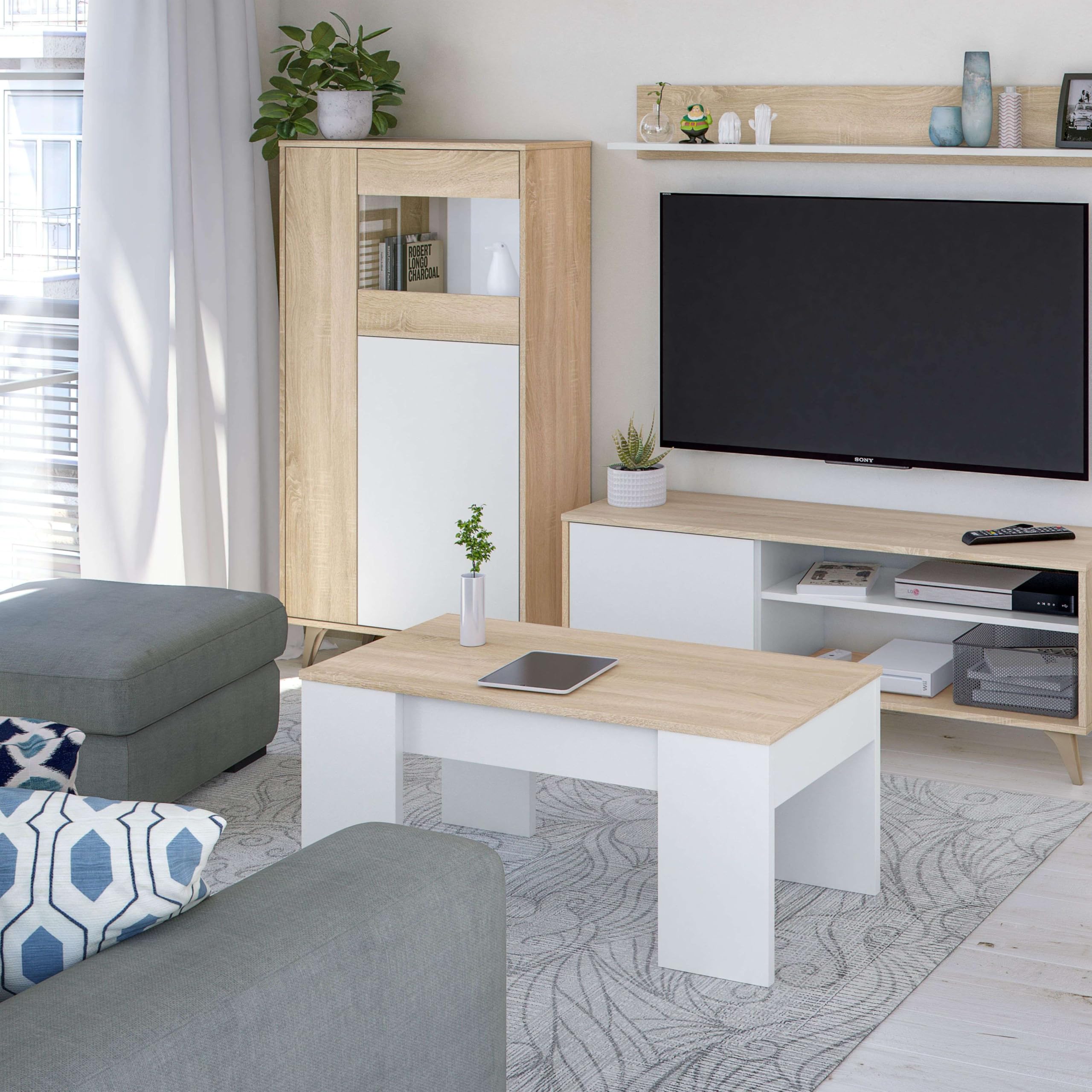 Habitdesign Vitrina con 3 Puertas, Bueffet para salón, Modelo Kikua Plus, Acabado en Blanco Artik y Roble Canadian, Medidas: 77 cm (Ancho) x 142 cm (Alto) x 33 cm (Fondo)