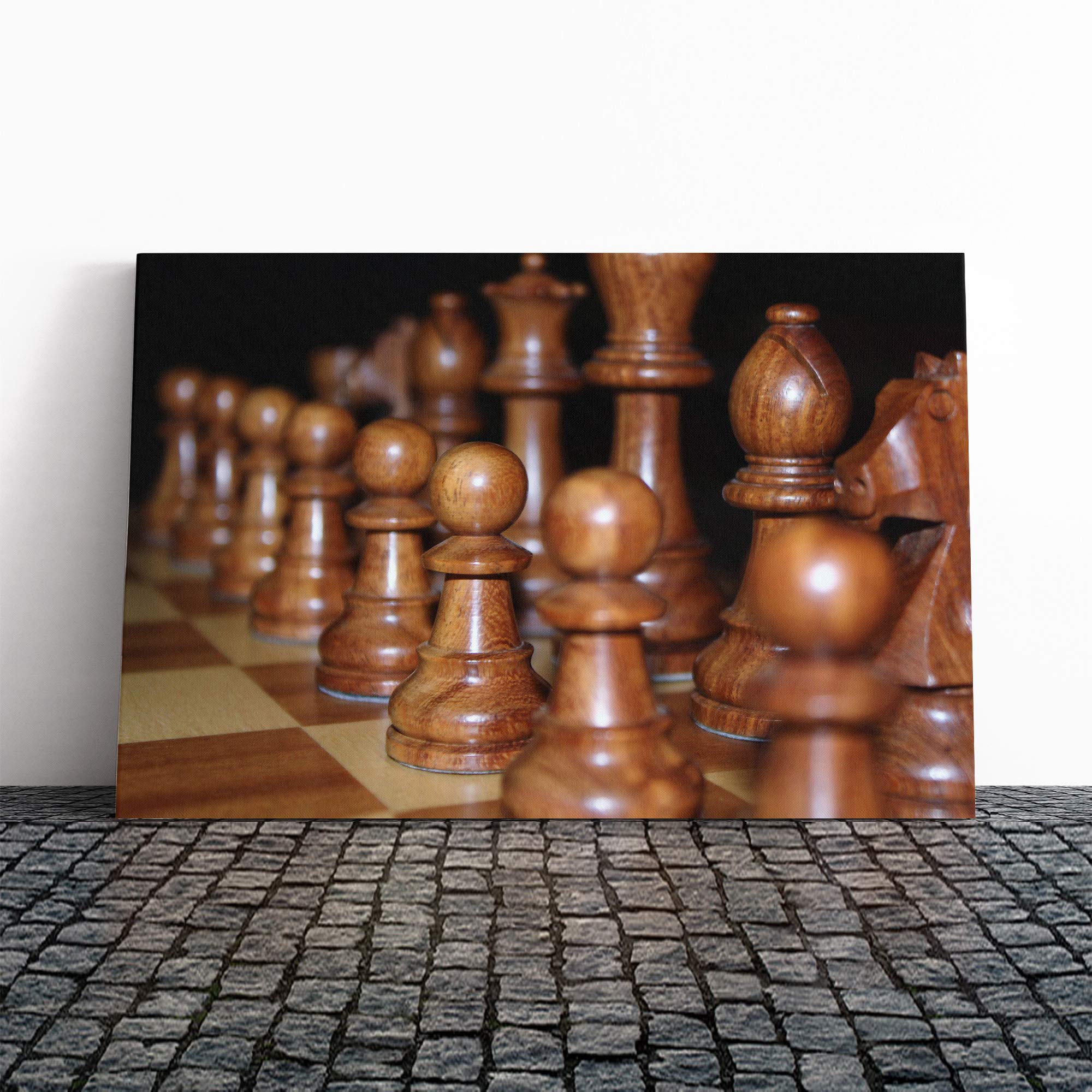 Brown Wood Chess Board Game Canvas Print | Gallery Wrapped 30mm Frame Wall Art | 20x14 inches | Ready to Hang | Modern Landscape Picture | Living Room Bedroom Lounge Office