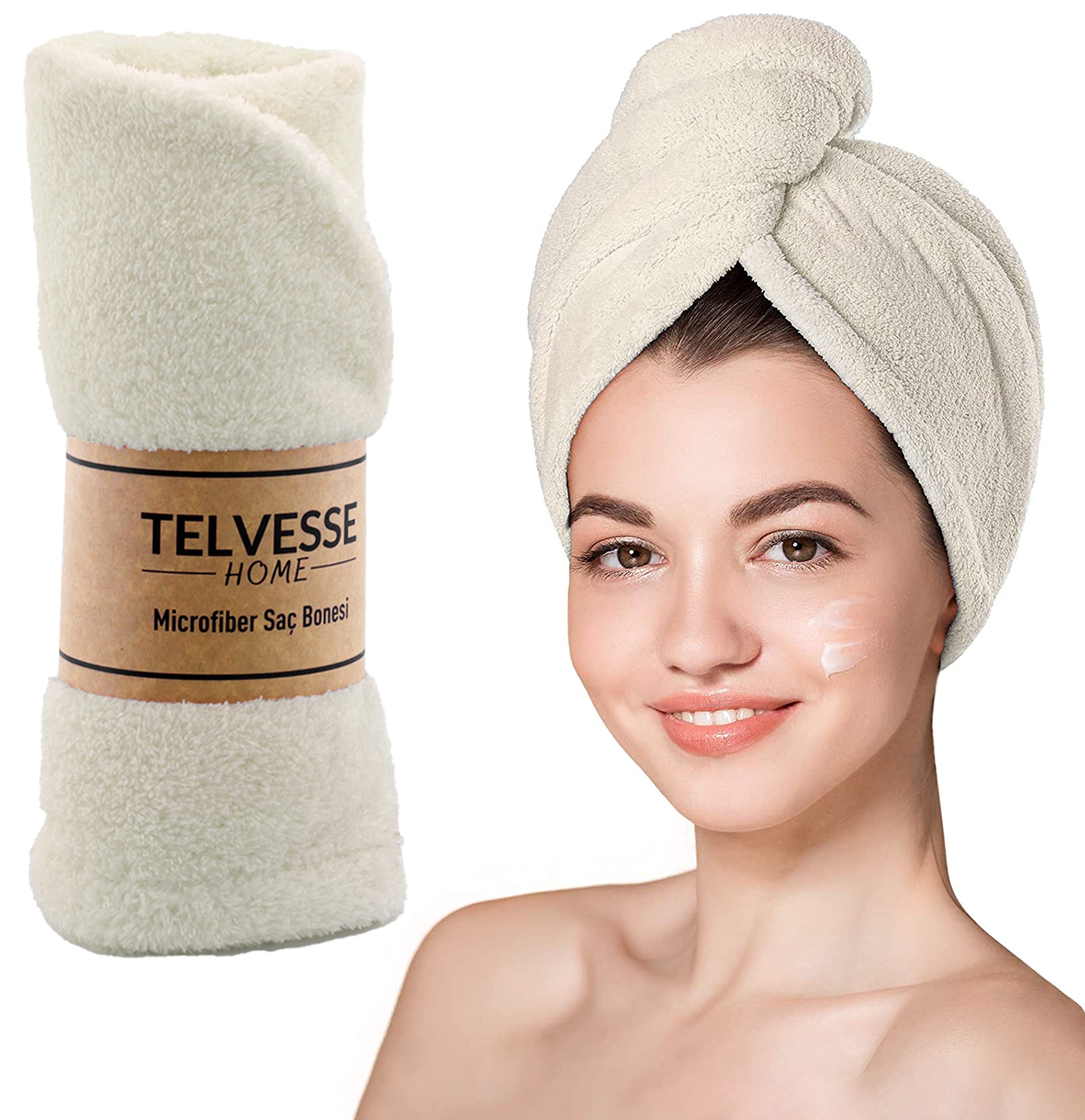 Mikrofiber Saç Havlusu Süper Emici Hızlı Kuruyan Türban Saç Havlusu Şapkası – Uzun Kıvırcık Kalın Saçlar İçin Duş Saç Kurutma Havlusu, Plaj Havuz Banyo Kullanım (Krem)