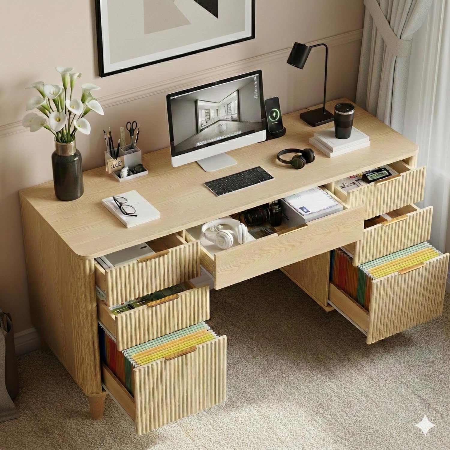 Wooden Desk with Drawers, 55" Fluted Executive Desk with Storage Cabinet, Wood Home Office Desk with File Cabinet, Modern Computer Writing Desk for Study, Living Room, Bedroom