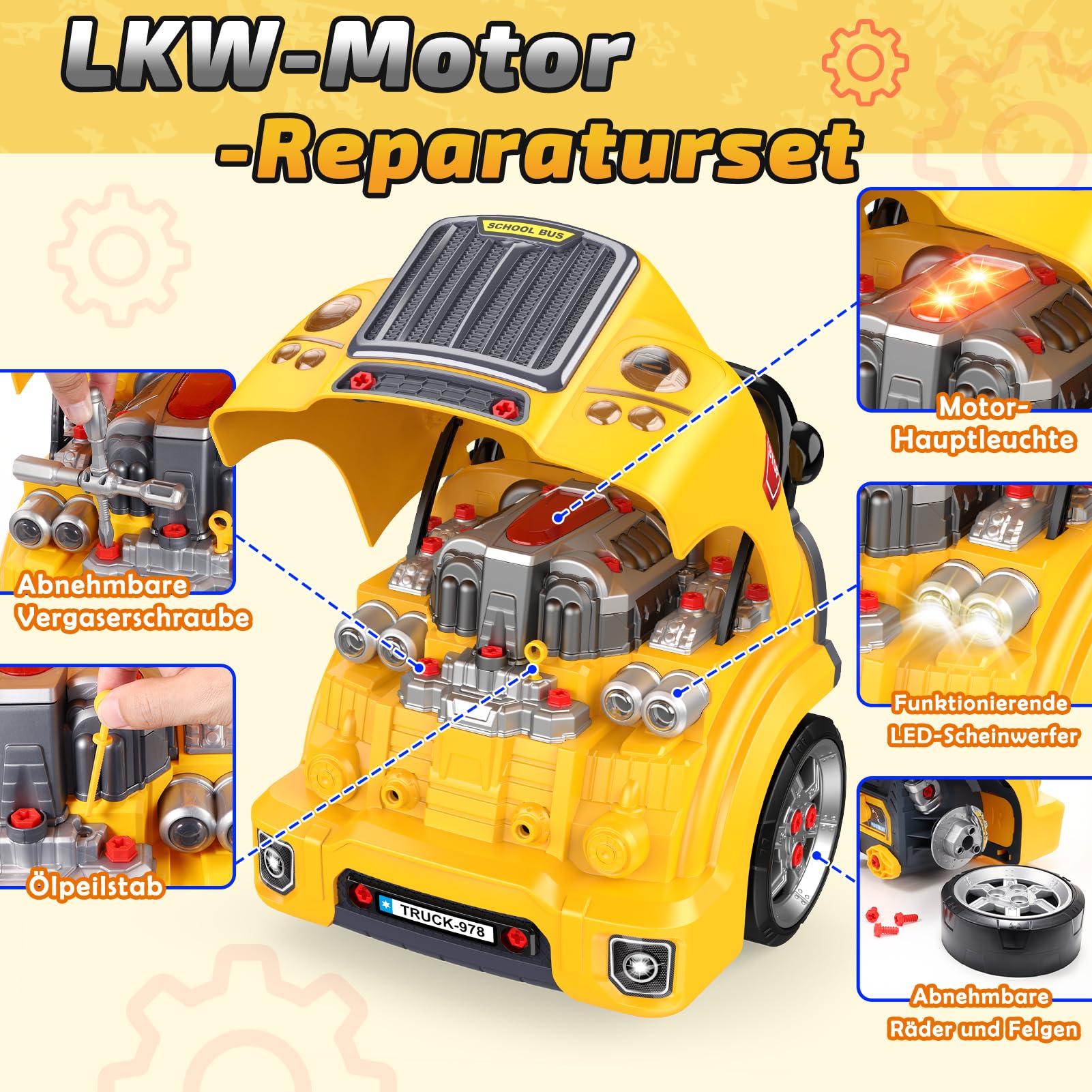 Naxudcoo Montageauto Spielzeug für Kinder ab 3 Jahren, Zerlegbarer Truck für Motorreparatur mit Licht und Sound, Akkuschrauber Kinderwerkzeug, Mechaniker Spielzeug, Geschenk für Jungen 3-6 Jahre