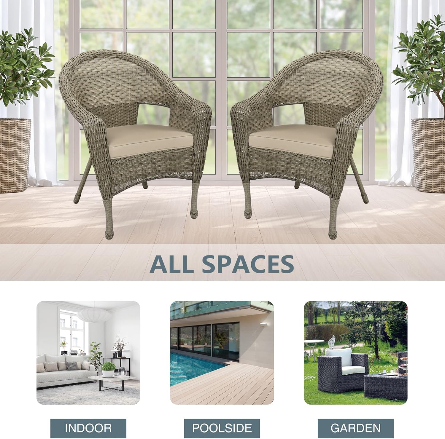 Jeco Grey Resin Wicker Clark Single Chair Set of 2 - with Tan Cushion