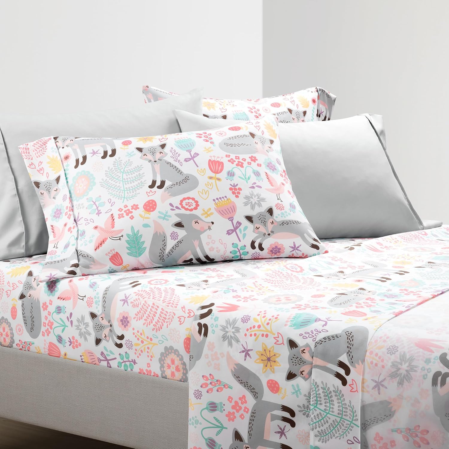 Lush Decor Pixie Fox Soft Sheet Set, 4 Piece Set, Twin, Gray & Pink - Pink Twin Sheet Set - Girls Bedroom Decor