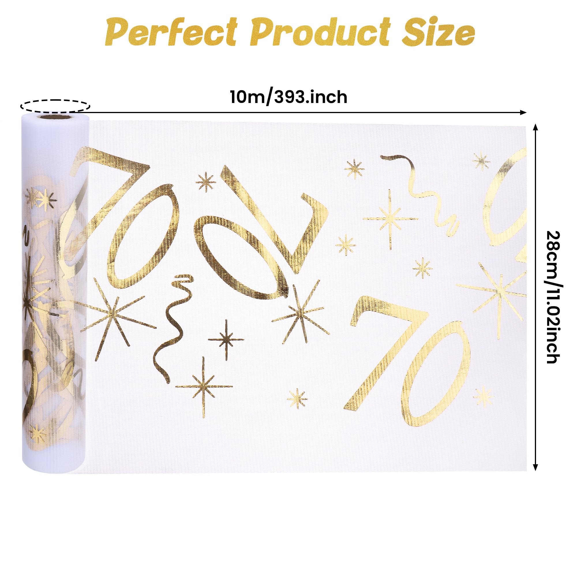 Hejo Bieżnik na stół na 70. urodziny, 28 cm x 10 m, złoty, przezroczysty, siatkowy, dekoracja stołu na imprezę z okazji 70. urodzin, oddychający i miękki obrus do pakowania kwiatów, przyjęć