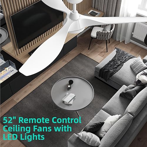 Miniatura 2 de Roomratv Ventiladores de techo con luces, gran flujo de aire de 52 pulgadas, moderno ventilador de techo con motor CC bastante reversible, luz LED