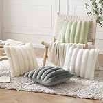MIULEE Pack of 2 White Throw Pillow Covers 18x18 Inch Fuzzy Striped Soft Pillowcase with Velvet Back Faux Rabbit Fur Cushion Covers Decorative Home Decor for Sofa Bedroom Livingroom