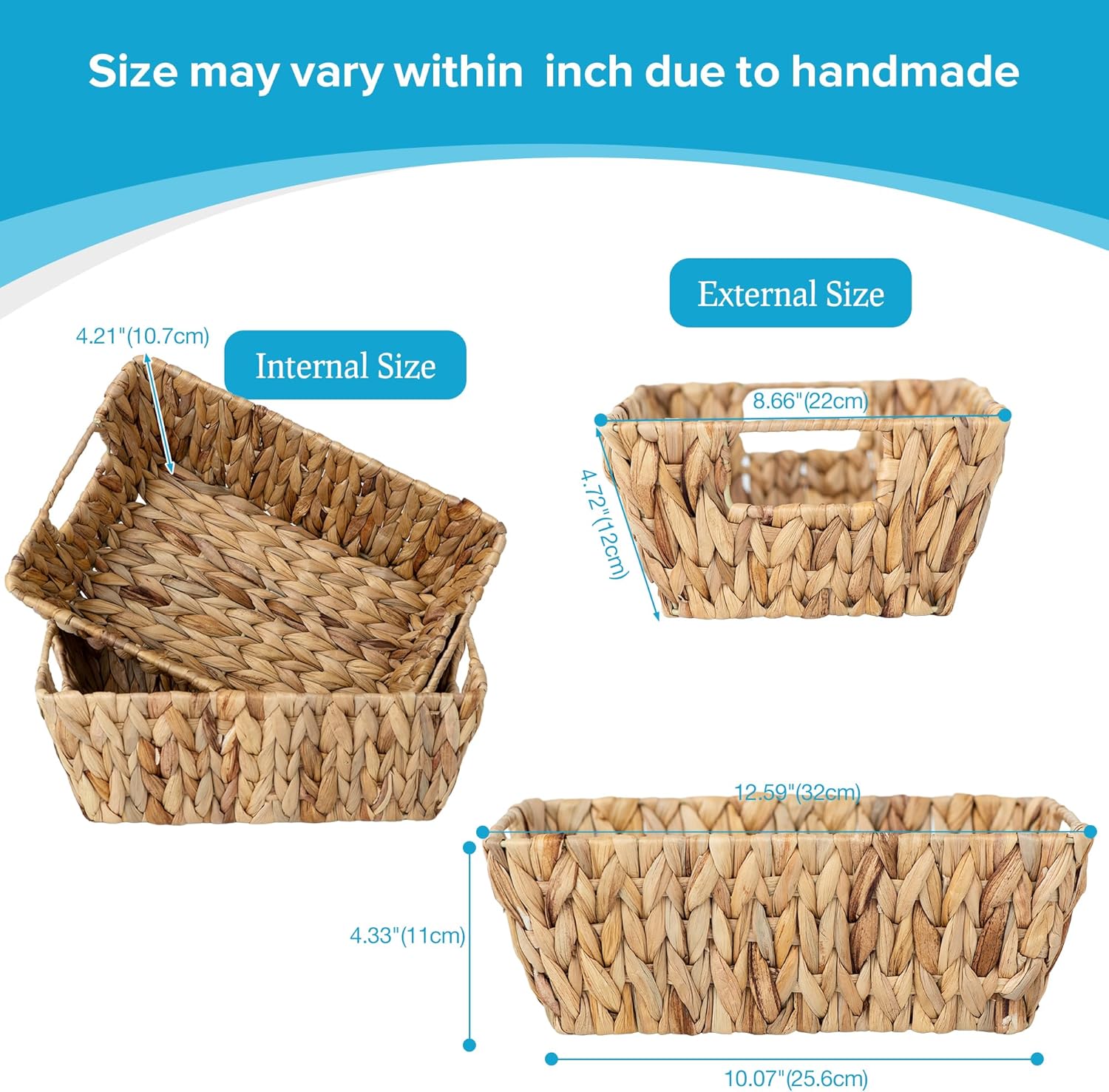 Wicker Storage Baskets with Liners, Water Hyacinth Storage Baskets with Built-in Handles Handwoven Shelf Baskets Storage Boxes Organizers for Clothes/Dresser/Bathroom/Shelves/Towels, 2 Pack