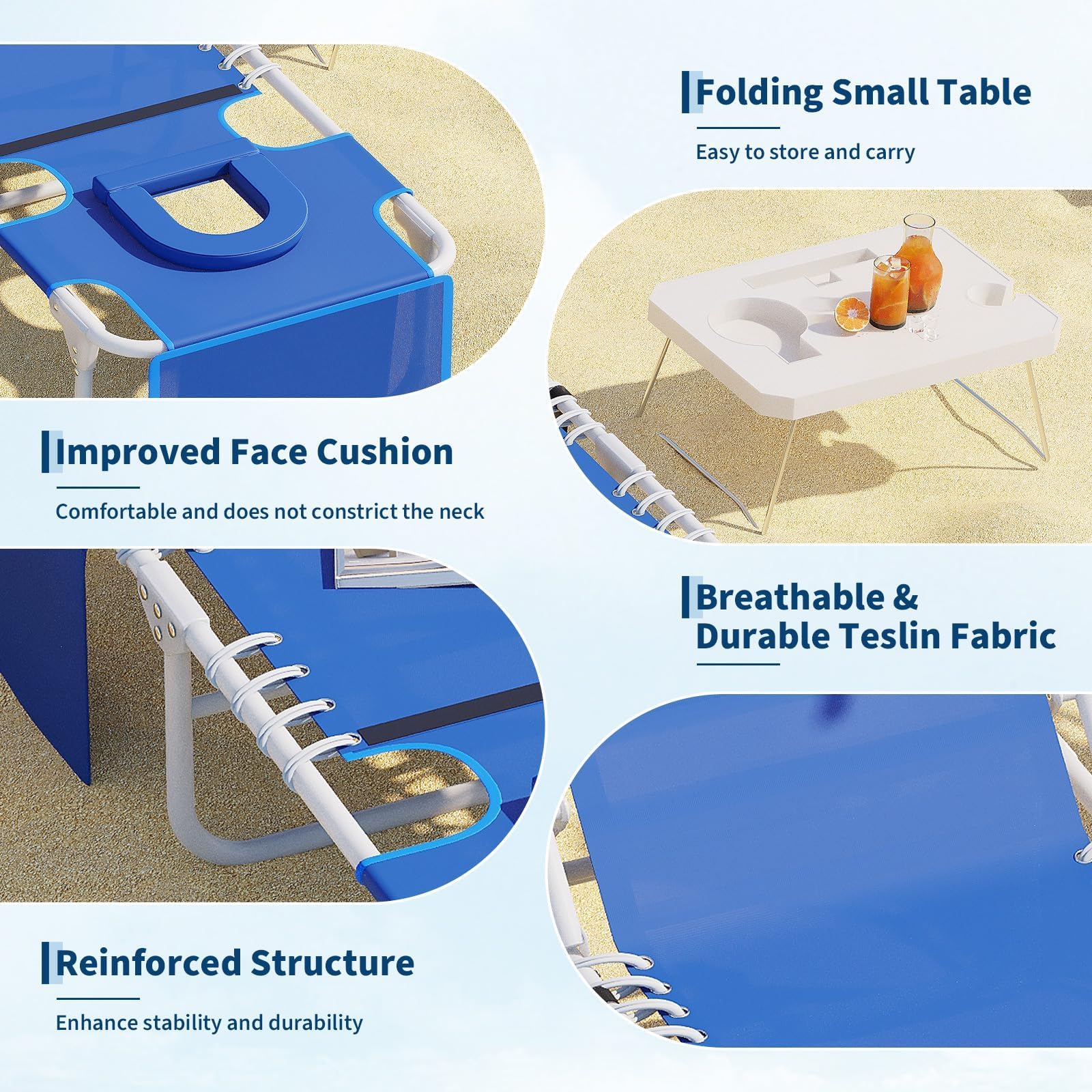 Transat de Plage Pliable avec Trou, Chaise Longue Pliable avec Table Pliante, Bain de Soleil Plage avec Appuie-Tête&Poche pour Jardin, Piscine