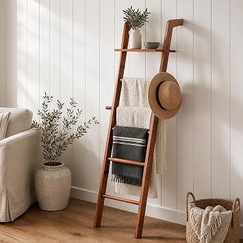 Wooden Blanket Ladder with Shelf, 6-Tier Towel Rack for Scarves & Decor