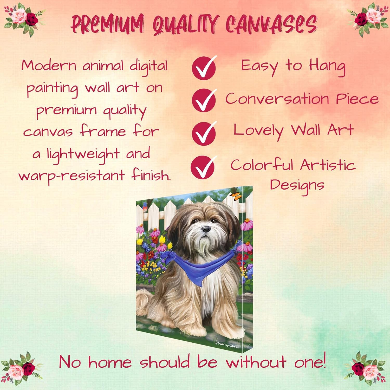 Doggie of the Day Spring Floral with Tibetan Terrier Dogs Canvas Wall Art - Premium Quality Ready to Hang Room Decor - Flat Rolled 11" x 14"