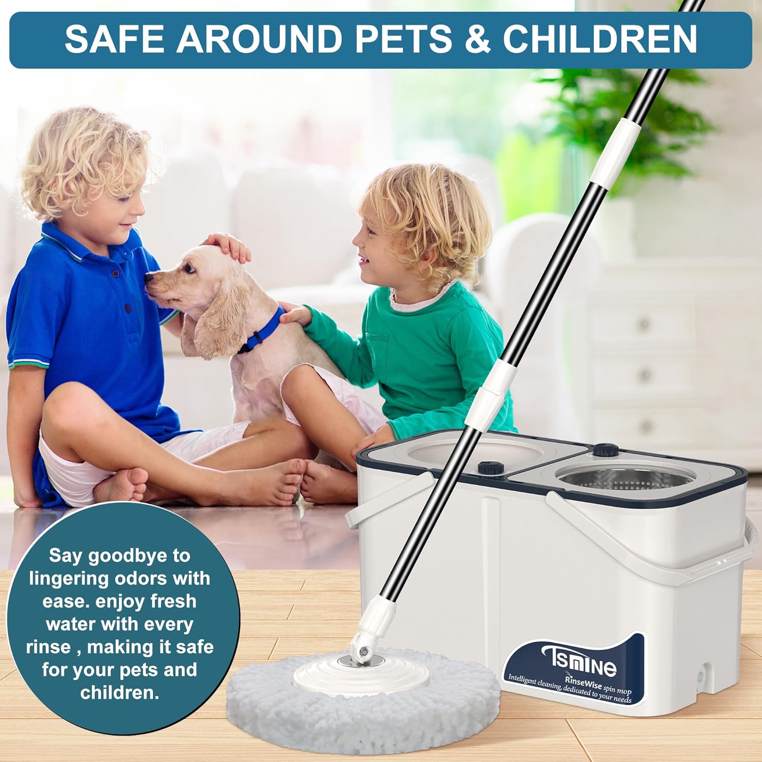 Mop Bucket Set with 12 Microfiber Heads, Blue/Gray & White/Blue, Spin Mop, 61-Inch Telescopic Stainless Steel Handle, Multi-Surface Compatible, Hands-Free Wringing