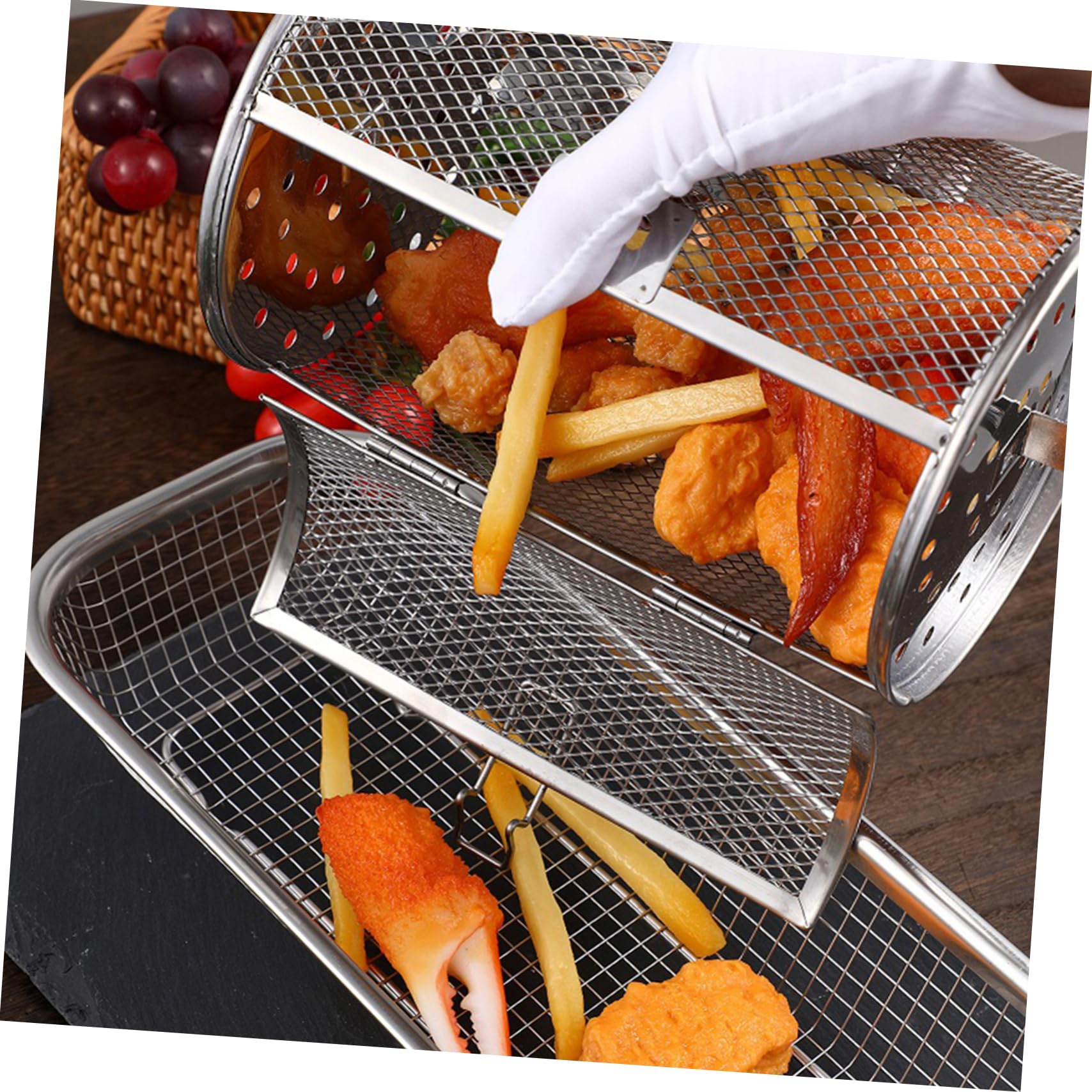 BESTonZON Cesta Giratoria De Acero Inoxidable Para Horno y Barbacoa Jaula Asadora De Para Frutos Secos Carne y Verduras Accesorio Para Freidora De Aire y Asador Rotatorio De Cocina