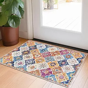 KILOCOCO 2x3 Small Area Rug, Moroccan Super Soft Entryway Rugs Indoor Vintage Washable Rug Non-Slip Indoor Door Mat, Accent Print Faux Wool Throw Rug for Kitchen Bedroom Entrance, Colorful