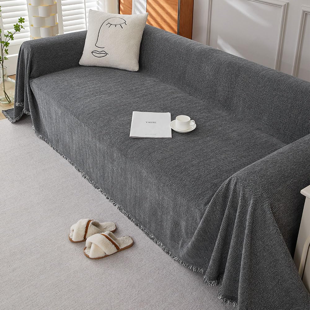 Highdi Sofa Throws Large Reversible Extra Large Throws For Settees Versatile Woven Soft Throw Blanket with Tassels for Settees Couch Sofa Bed Armchair (180x460cm,Anthracite)