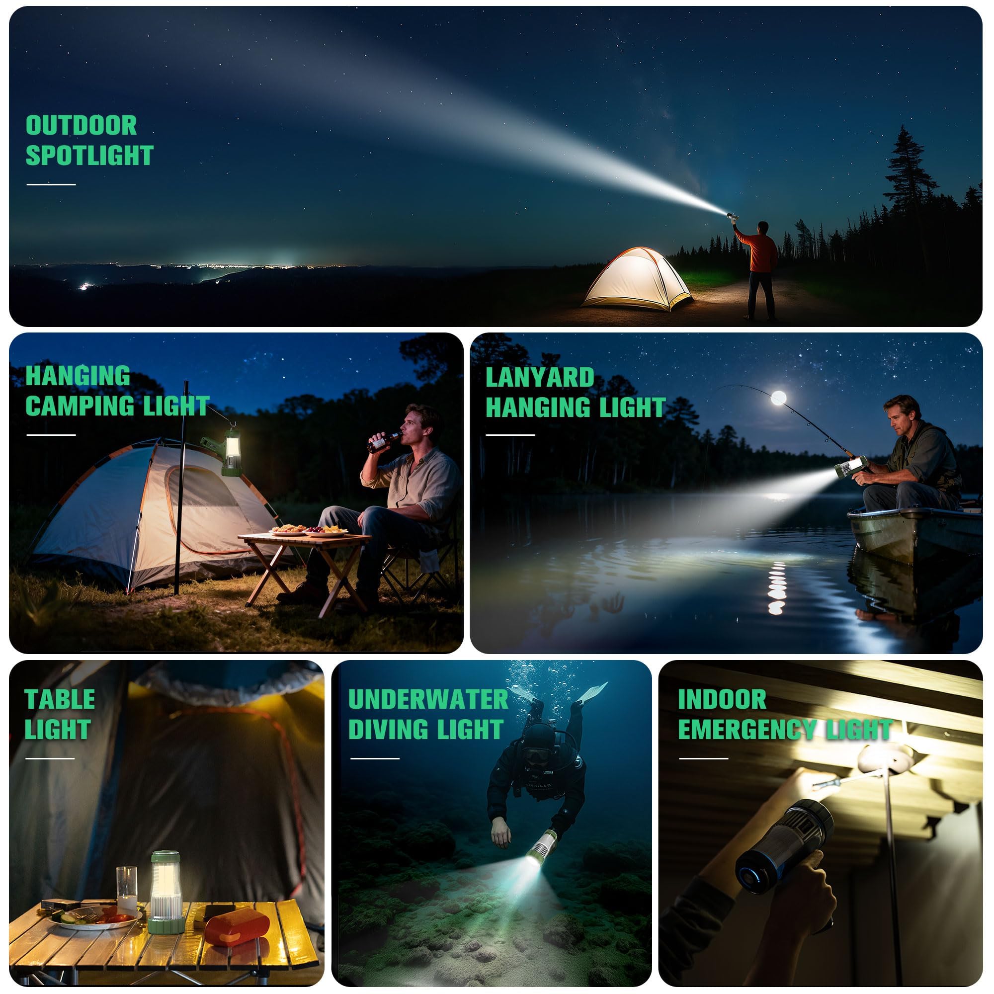 FORTO Faretto LED ricaricabile e lanterna da campeggio, 3000lm IP68, torcia impermeabile con batteria da 5000 mAh, fascio di luce da 420 m, gancio pieghevole, tipo C, per escursionismo, emergenza