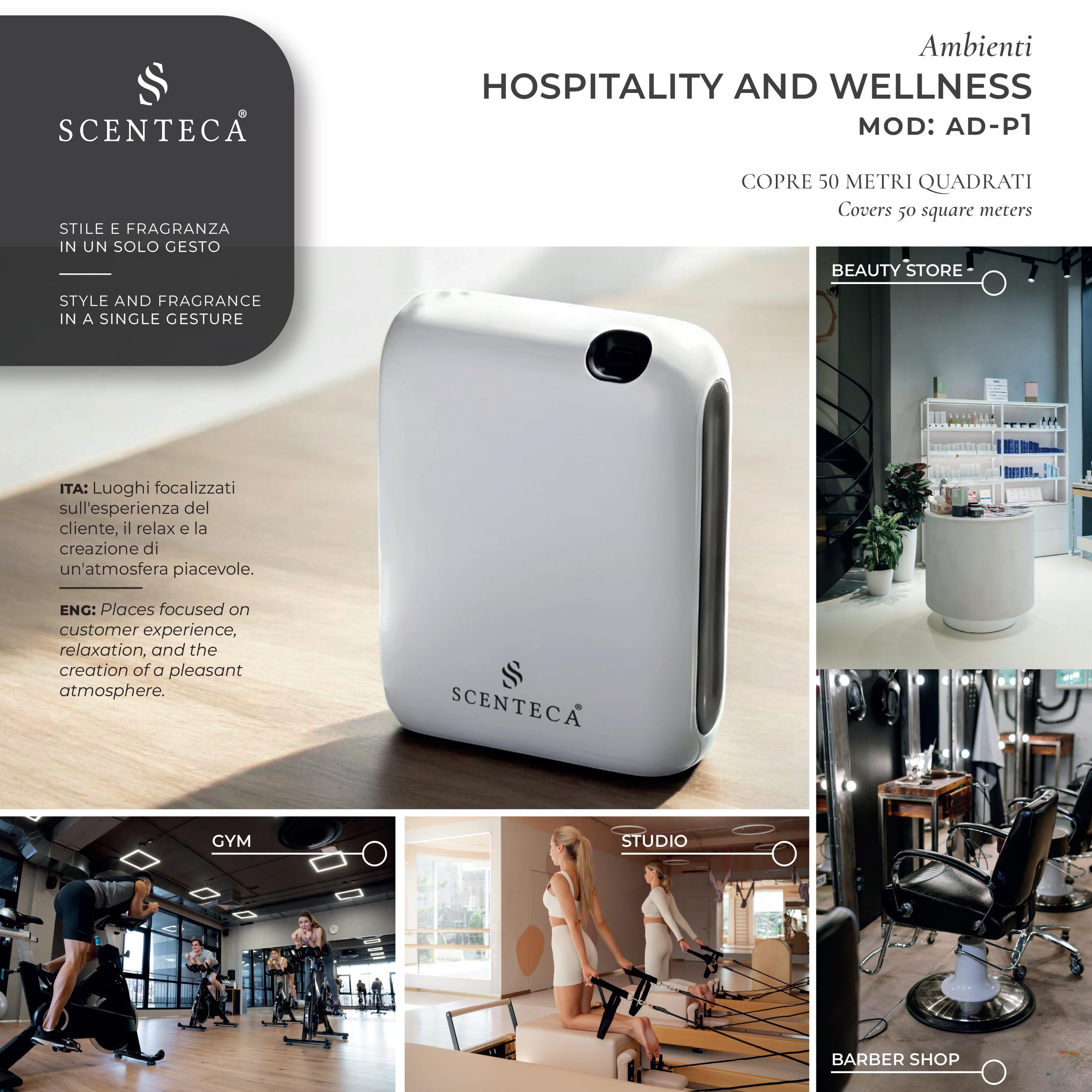SCENTECA Diffusore elettrico di oli essenziali AD-P1, fragranza Summer Scent 100 ml Inclusa, nebulizzazione senza acqua, programmabile via app, copertura fino a 50 m²