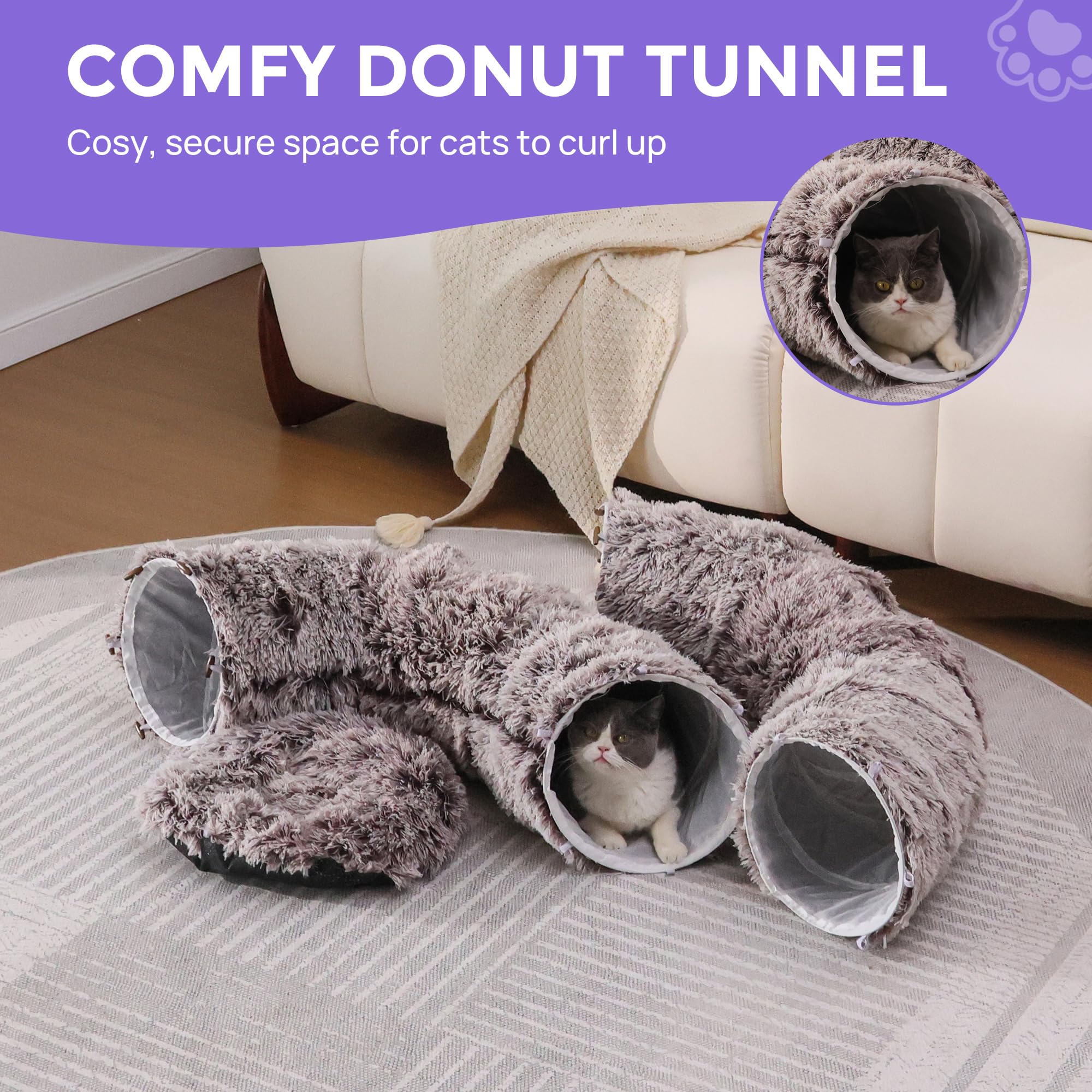 Cama Tipo túnel de Felpa para Gatos de Interior con cojín Suave, Cueva de Juego multiforma con Bolas Colgantes, túnel Grande y Plegable para Mascotas pequeñas y Grandes (marrón)