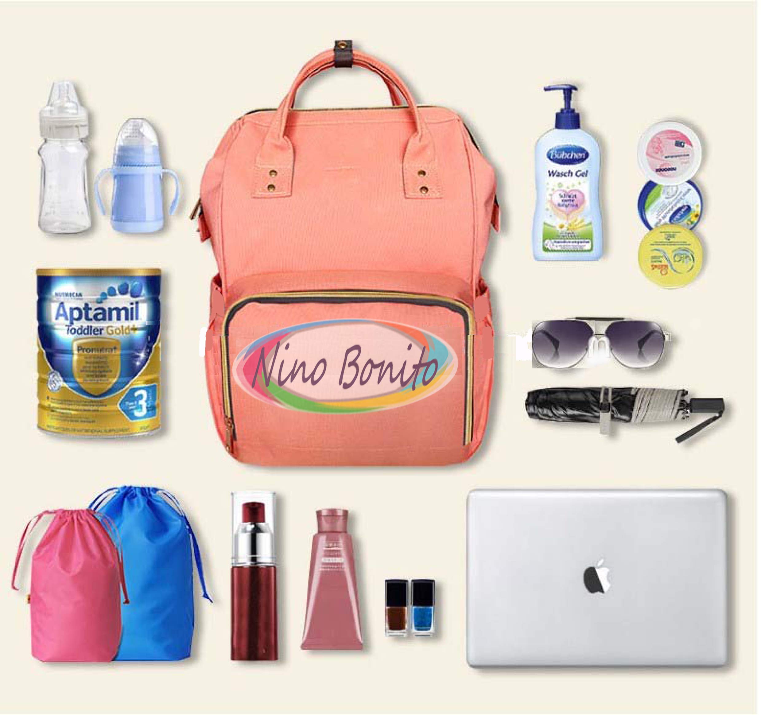 NINO BONITO Multi-Function Oxford Cloth Waterproof Maternity Nappy Back Pack for Baby Care, Nappy Changing Bag Travel Backpack Diaper Bags Stylish and Durable (Grey)