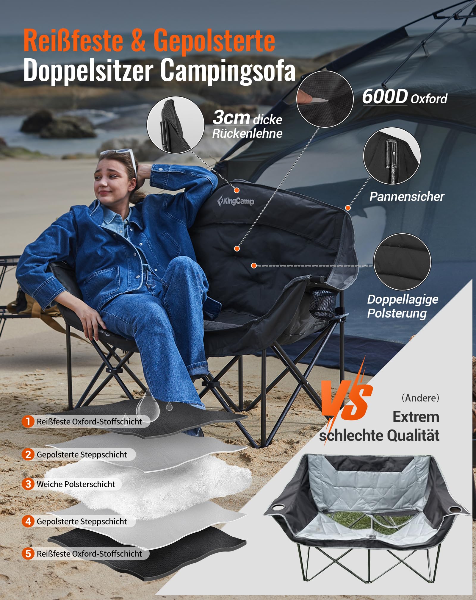 KingCamp XL Doppel Campingstuhl Faltbar bis 300kg Gepolstert Getränkehalter | Campingsessel Klappbar 2 Personen, Weinglashalter, Hochlehner, Armlehne & Tragetasche, Campingsofa 1 2 & 3 Sitzer für Garten