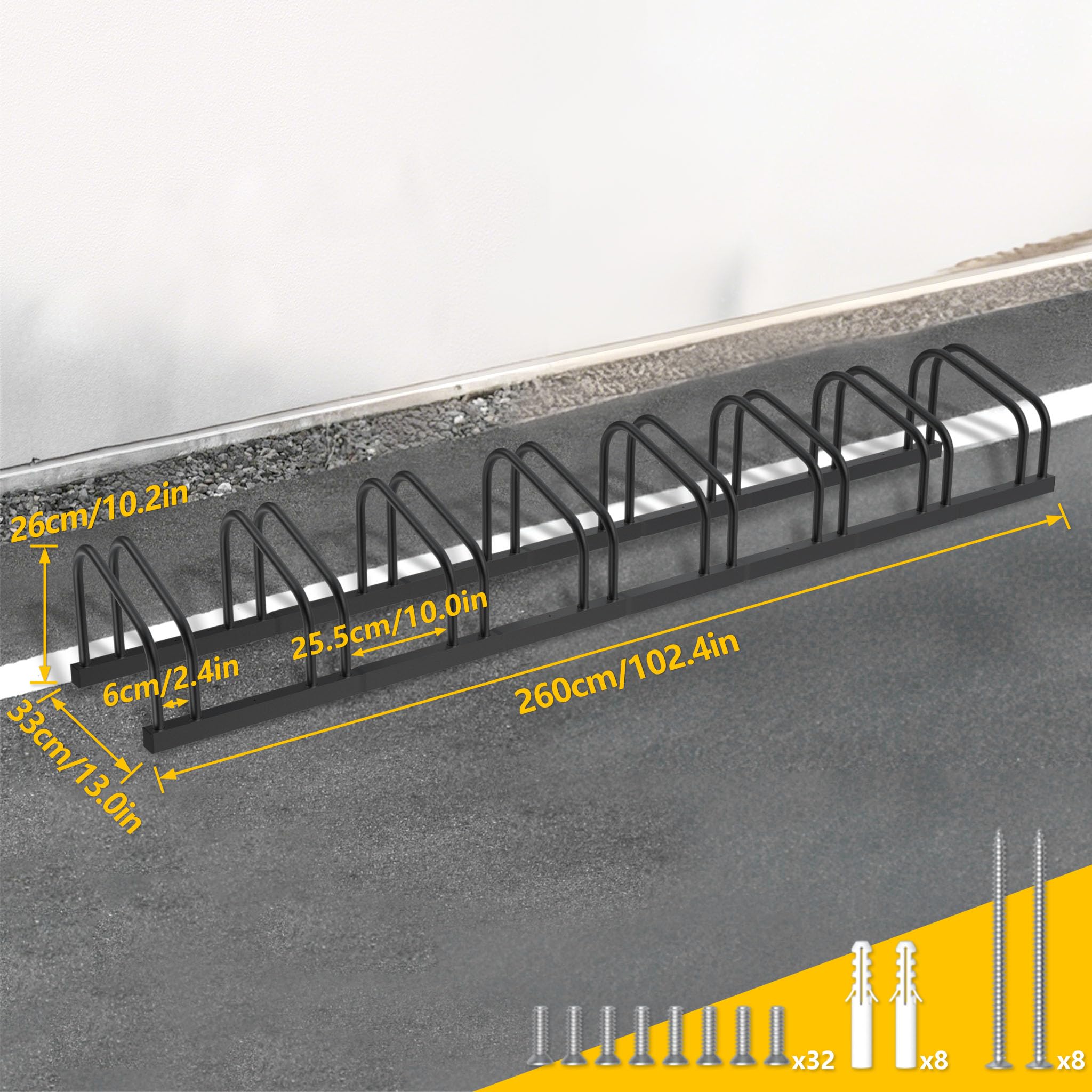 Aufun Supporto per bicicletta in acciaio legato con viti, per garage, bicicletta (per 8 biciclette, nero)