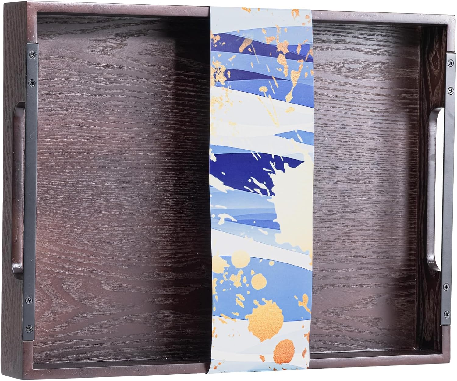 Wood Serving Tray with Metal Handles,Coffee Table Trays 16.6x12.6in Food Drinks Snack Trays Living Room Kitchen Breakfast Server Solid Wooden Brown Decorative Storage Ottoman Tray