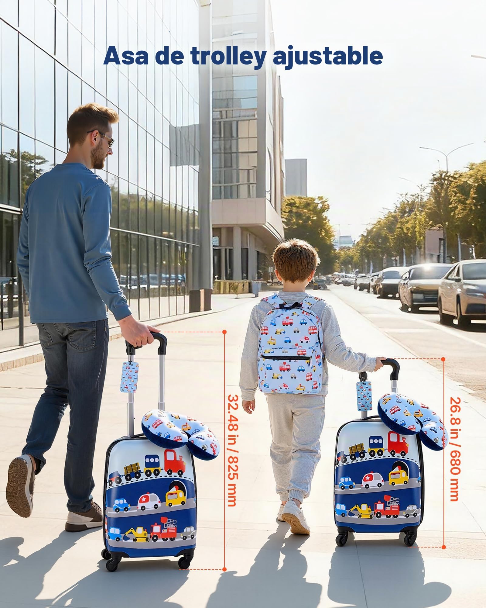 VEVOR Juego de Maletas para Niños 5 Piezas, Maleta de Cabina 45,7 cm, Mochila con Cojín Cervical, Bolsa para Comida y Etiqueta de Equipaje, Camión Azul, Equipajes Infantiles para Viaje Escuela Camping