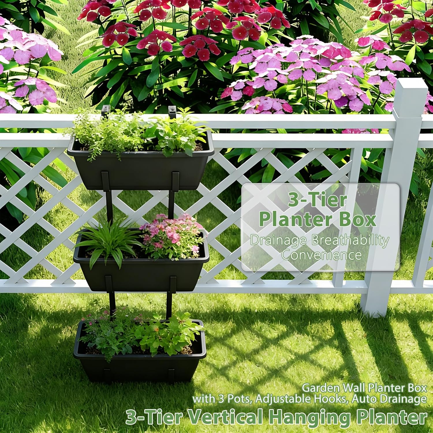 OYEAL Railing Planter Box 3 Tier Vertical Window Boxes Planter Outdoor with Adjustable Brackets & Rectangular Flower Pots Deck Railing Hanging Flower Pots for Patio, Lawn, Porch, Balcony Decor, Black