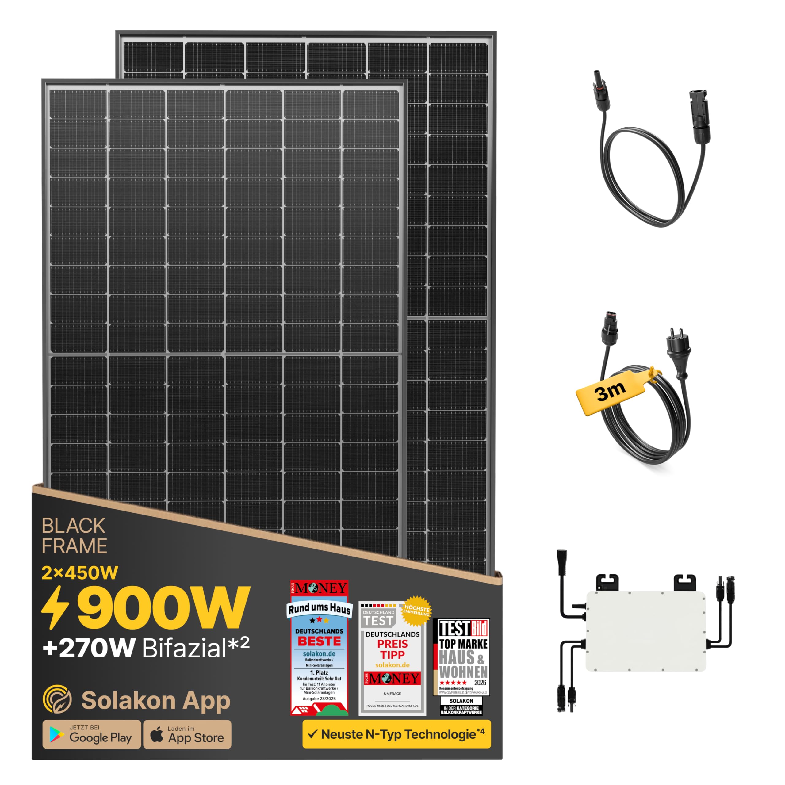 Solakon® 900W Balkonkraftwerk - Balkonkraftwerk 800W komplett Steckdose - neuester 800 Watt Wechselrichter - Solaranlage Komplettset - 450W bifaziale Solarmodule inkl. Zubehör - 3m Kabel