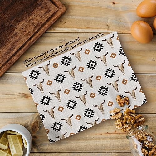 Miniatura 6 de Toallas de cocina boho occidental, toallas de mano retro con calavera de toro, diseño vintage de calavera de vaca y cabeza de vaca, paños de cocina
