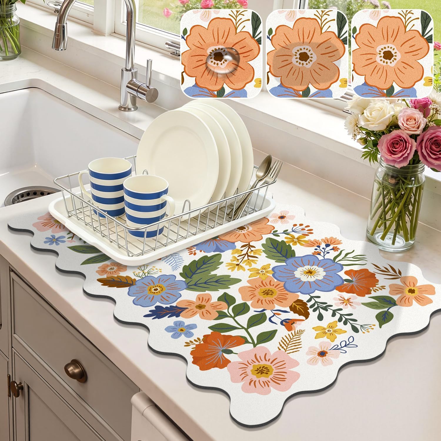 1 Pack Scalloped Floral Dish Drying Mat, 12"x20" Coffee Mat Wildflowers