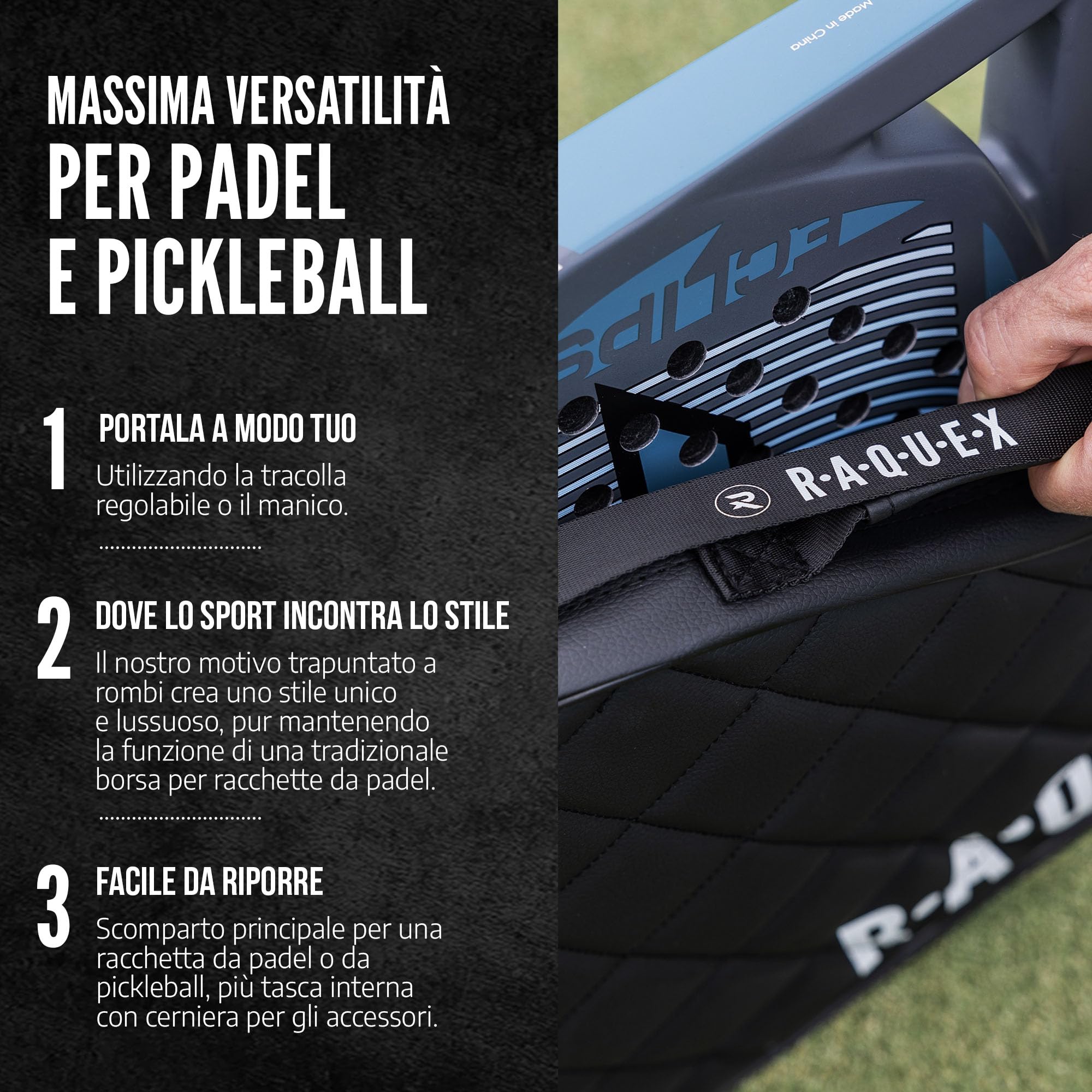 Raquex Elite - Custodia per Racchetta da Padel - Nero o Blu, per 1 Racchetta. Borsa da padel trapuntata in pelle sintetica, per uomo e donna, imbottita, regalo di lusso