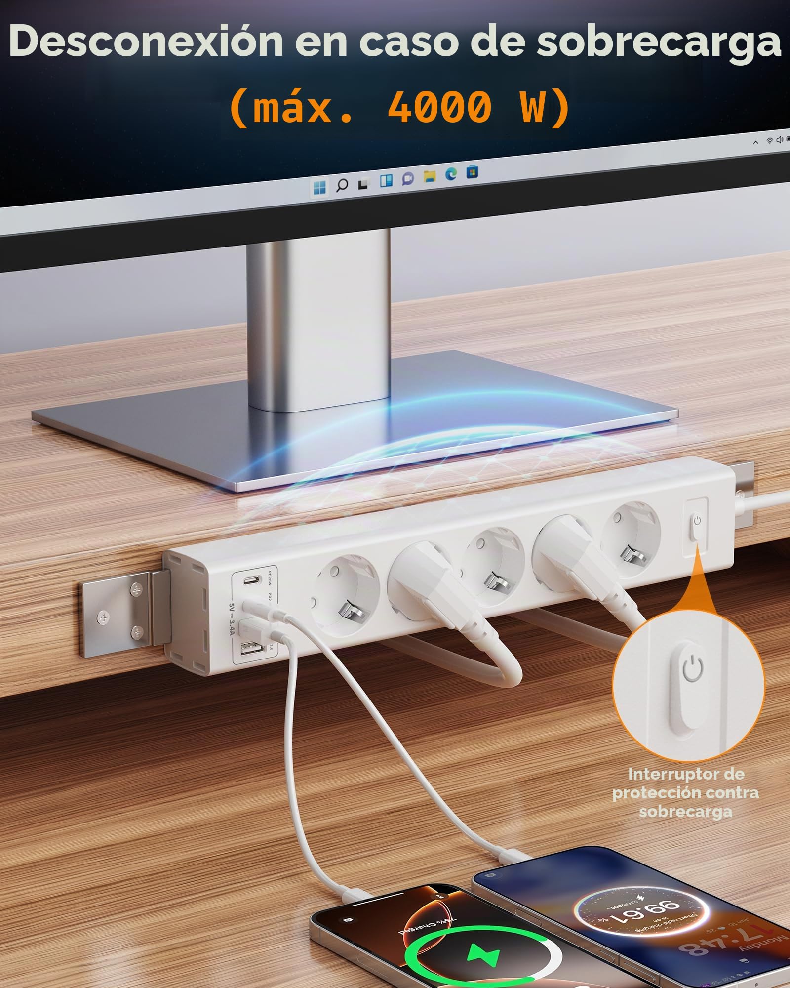Regleta para Montaje bajo Mesa con protección contra sobretensiones, Enchufe múltiple conmutable Individualmente, 5 enchufes con 2 USB A y 2 Type-C (PD 20 W), Cable de 2 m (Blanco)